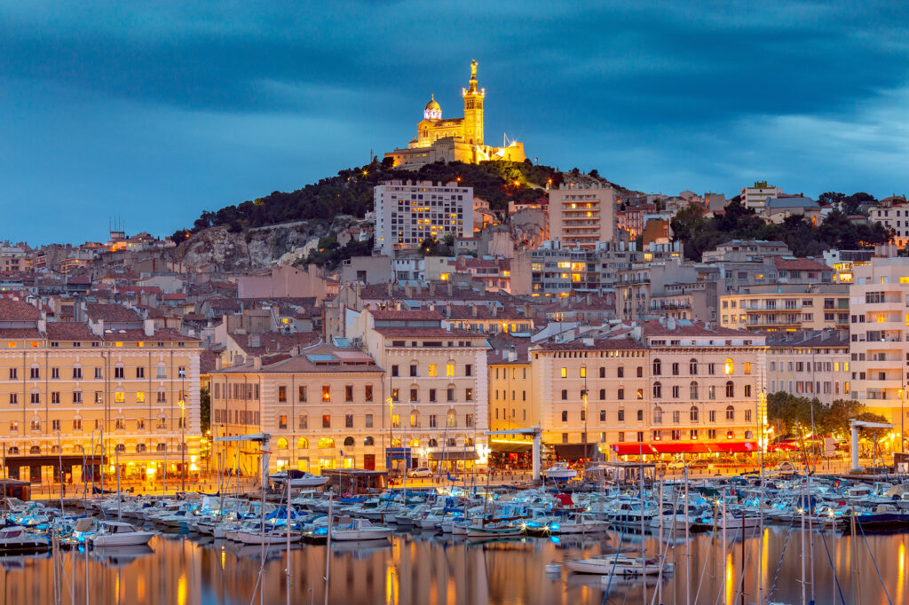 Marseilles. Notre Dame de la Garde Cathedral at sunset.