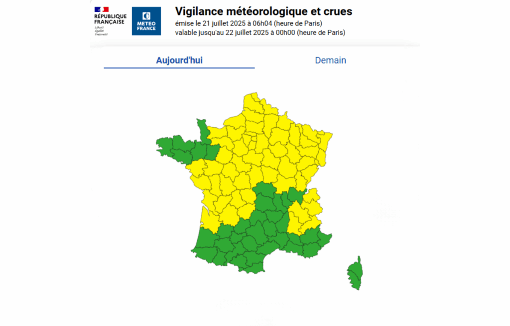 Vigilance jaune pluie-inondation et orages en France